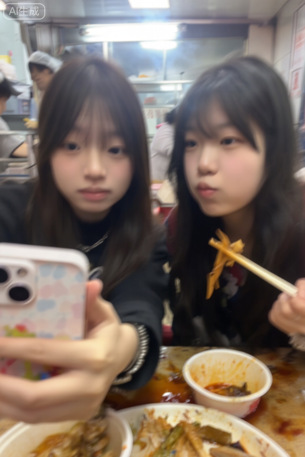 生活快照风格,CCD质感,轻微手抖模糊。小吃店内,两位女生对坐,一人举着手机自拍,另一人用筷子夹菜入镜,背景是油腻的桌面和模糊的店员,顶灯让额头高光溢出,画面拥挤。


