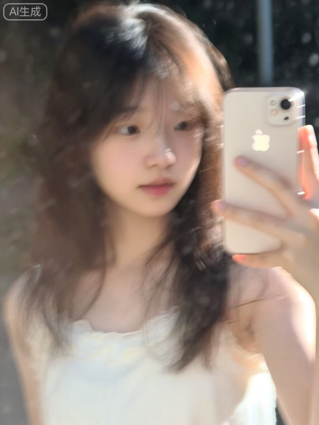 快照风格,运动模糊,轻微曝光过度,自然光,暖色调,美女,半身照,人像占大部分比例,空灵感,自然感,白月光感,懵懂,温婉,邻家女孩,手持iPhone自拍,无明确主体,随手一拍的构图,发丝自然散落,皮肤细腻,眼神柔和,背景虚化,浅景深,氛围清新自然。
