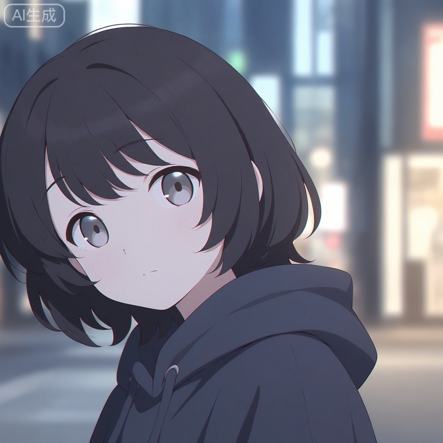 1girl, solo,
young_girl,
short_hair, black_hair, grey_eyes,
upper_body, portrait, head_and_shoulders,
hoodie, casual_style,
looking_at_viewer, relaxed_expression,
city_background, street,
natural_light,
depth_of_field, blurry_background,
anime_style, high_detail, masterpiece