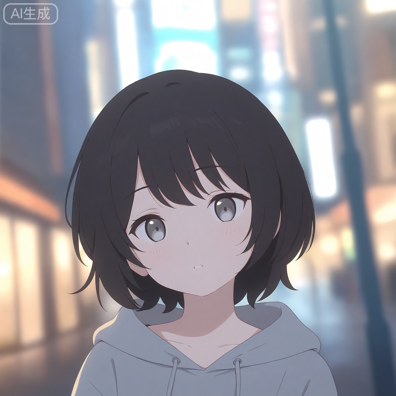 1girl, solo,
young_girl,
short_hair, black_hair, grey_eyes,
upper_body, portrait, head_and_shoulders,
hoodie, casual_style,
looking_at_viewer, relaxed_expression,
city_background, street,
natural_light,
depth_of_field, blurry_background,
anime_style, high_detail, masterpiece