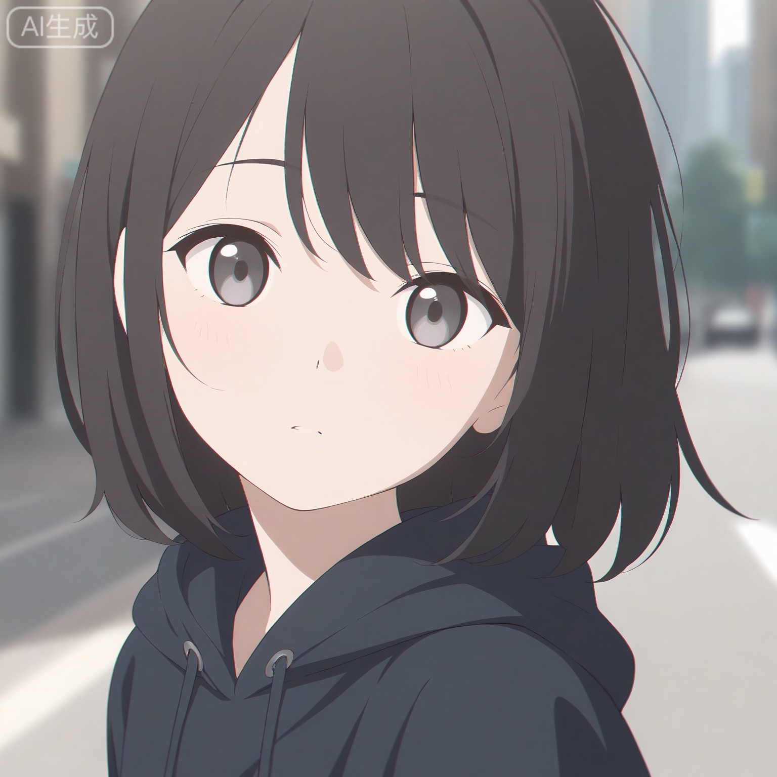 1girl, solo,
young_girl,
short_hair, black_hair, grey_eyes,
upper_body, portrait, head_and_shoulders,
hoodie, casual_style,
looking_at_viewer, relaxed_expression,
city_background, street,
natural_light,
depth_of_field, blurry_background,
anime_style, high_detail, masterpiece