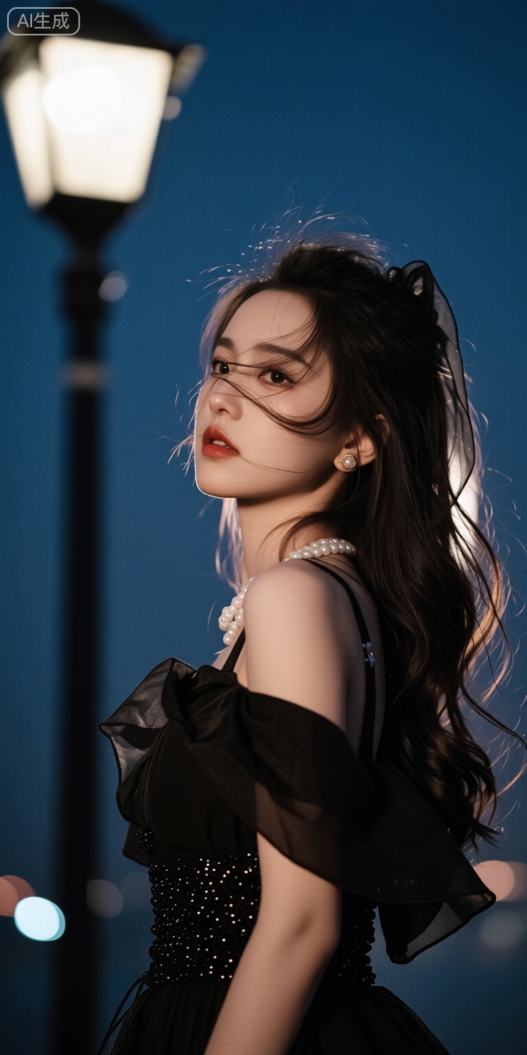 ,真实,,漂亮小姐姐,皮肤白暂光泽,风吹起长发飘逸,半遮朦胧不清的脸眼睛灵动有光特写,32K超高清画质,32K细腻真人皮肤文理超高细节精度超现实高级质感杰作夜景路灯黑色纱衣,露肩微醺的感觉