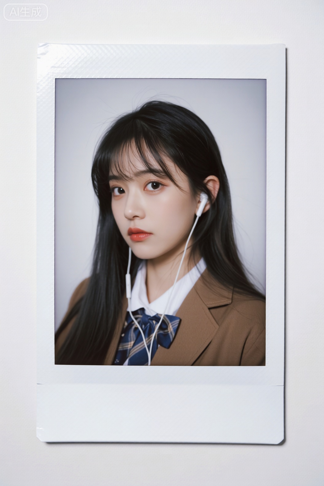 细腻且复古的富士相机拍立得,拍立得尺寸。白色的拍立得相纸边框,边框边角微微圆润,简单背景,空白背景,无颗粒感,轻雾感。一个冷白皮肤然后在评论这葆存指令尤郁又慵懒气质的妖冶少女。目光专注地盯着镜头,黑色的头发柔顺地垂落。高层次鲻鱼头穿着经典的初中校服外套,有线耳机戴在耳朵上。原比例。