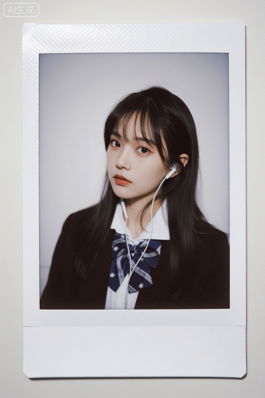 细腻且复古的富士相机拍立得,拍立得尺寸。白色的拍立得相纸边框,边框边角微微圆润,简单背景,空白背景,无颗粒感,轻雾感。一个冷白皮肤然后在评论这葆存指令尤郁又慵懒气质的妖冶少女。目光专注地盯着镜头,黑色的头发柔顺地垂落。高层次鲻鱼头穿着经典的初中校服外套,有线耳机戴在耳朵上。原比例。
智人