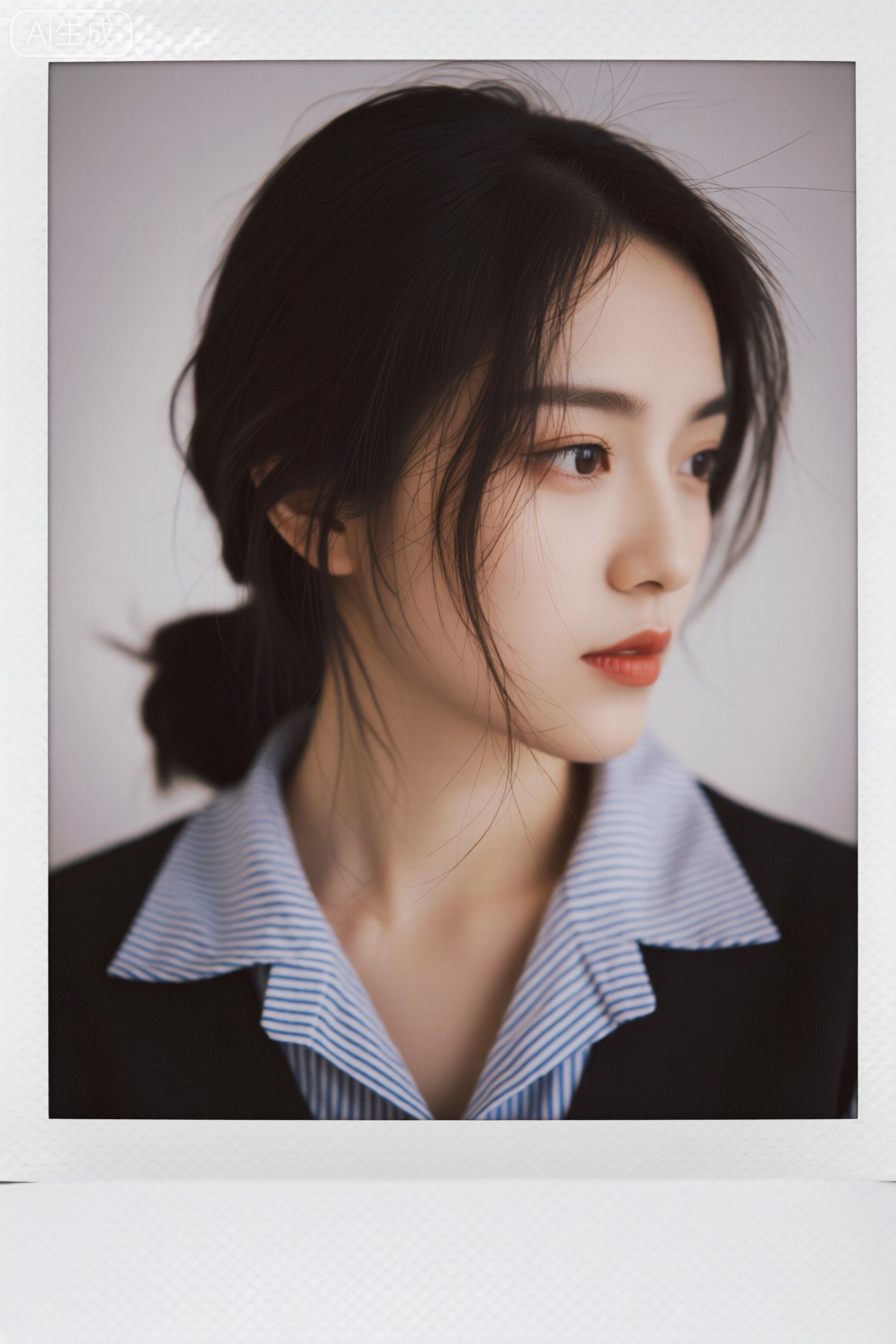 拍立得风格肖像,人物留着乌黑头发（一侧盘成松散发髻,带些碎发自然感）,内搭蓝白条纹衬衫,外穿深色上衣,背景为简洁浅色调。整体画面带有拍立得特有的颗粒感与复古柔和色调,氛围清新文艺,写实中透着胶片质感人