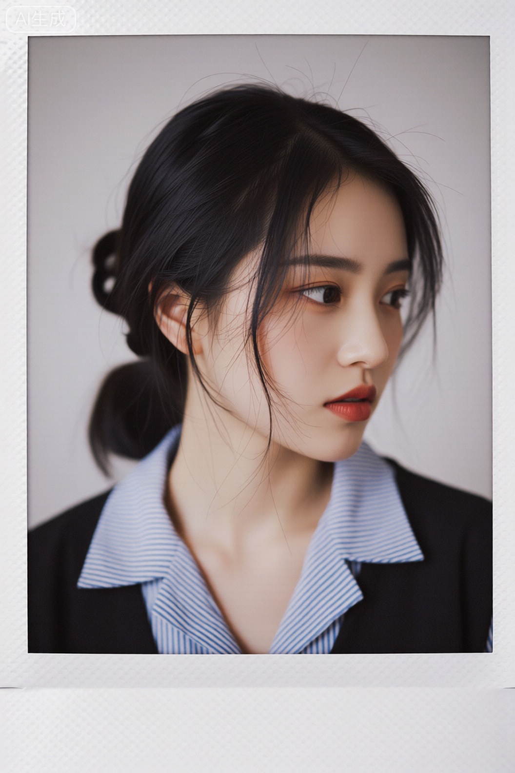 拍立得风格肖像,人物留着乌黑头发（一侧盘成松散发髻,带些碎发自然感）,内搭蓝白条纹衬衫,外穿深色上衣,背景为简洁浅色调。整体画面带有拍立得特有的颗粒感与复古柔和色调,氛围清新文艺,写实中透着胶片质感人