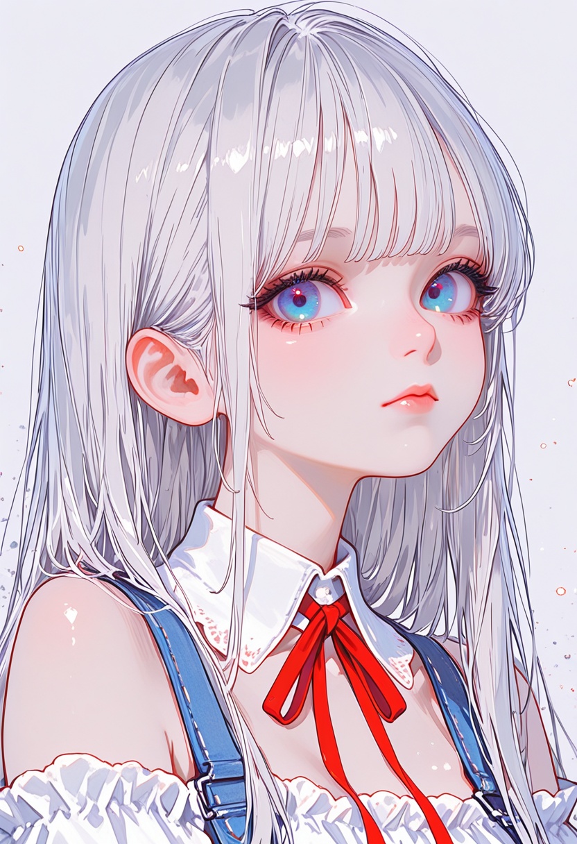 a close-up portrait of a female figure with long,  silver hair and striking blue eyes. she is wearing a white top with a r...
