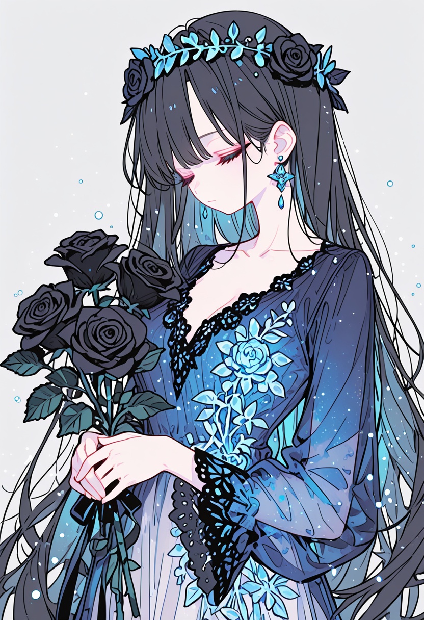 a female character with long flowing black hair adorned with a blue floral wreath. she is wearing a translucent dress with...