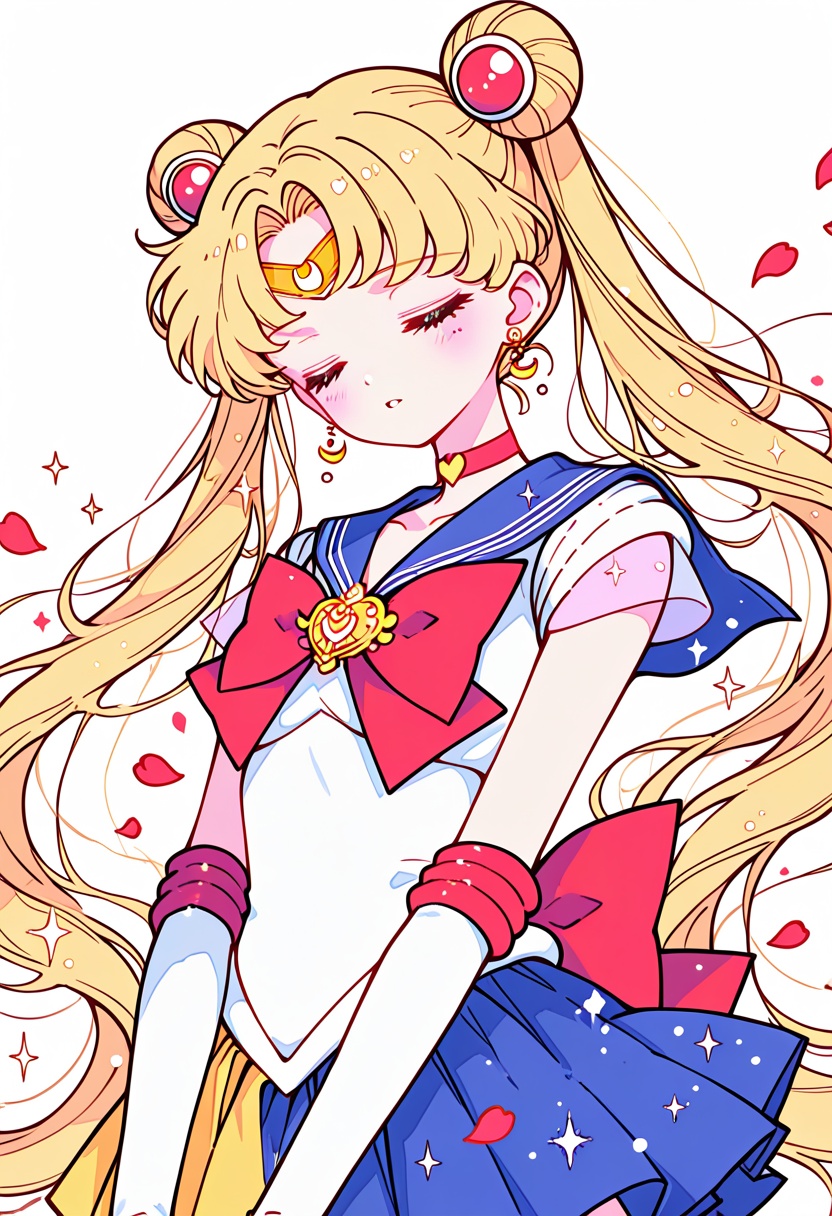 a character with long,  flowing hair adorned with red and white accessories. the character is wearing a blue and white dre...