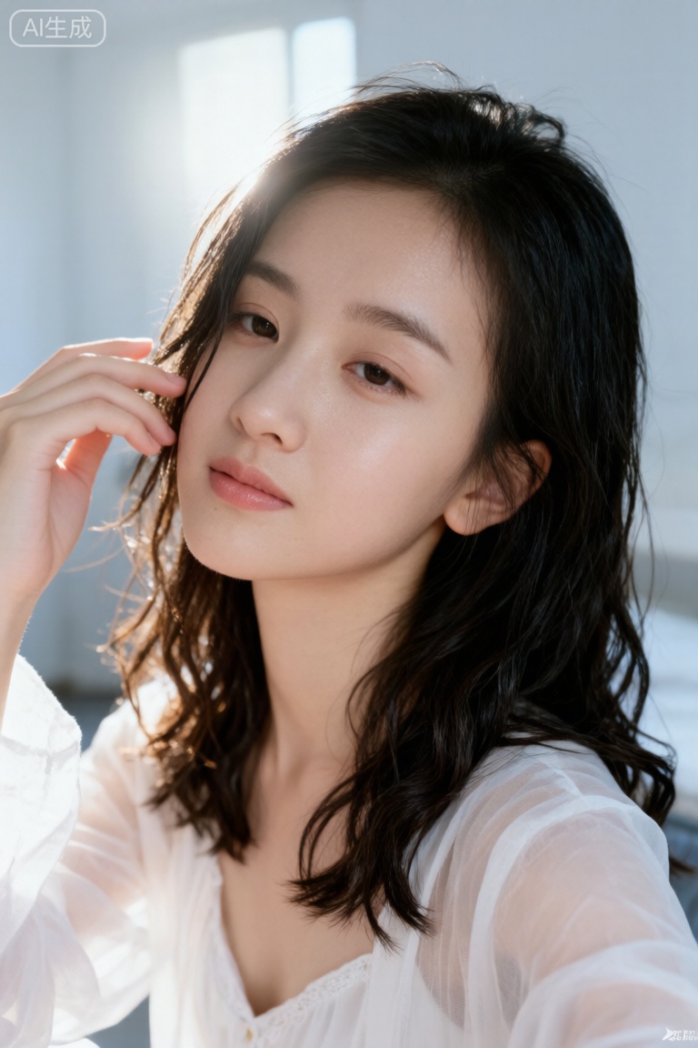 一张极其平凡无奇的iphone自拍照,没有明确的主体或构图感,就是随手一拍的快照。照片略带运动模糊,阳光或室内打光不均匀导致的轻微曝光过度,xhs美女,瓜子脸,尖下巴,空灵感,自然感,白月光感,潮湿,,疲惫回头撩发,冷白皮
