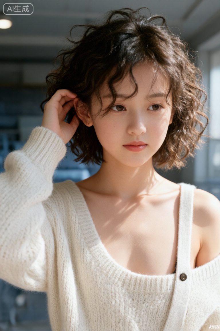 Keep the facial features and skin consistency of the characters in the source material, 4K high-definition image quality, 32-bit true color, 1:1 ratio, asymmetric composition capture, 10 A close-up of the upper body of a 20-year-old girl, a girl next door, with short fluffy woolen curly hair (the ends of her hair are swept over her shoulders), Japanese style shooting, pure lust style, wearing an off-white knitted short suspender belt (with a thin velvet edge on the neckline), one shoulder dropped to expose her collarbone, well-developed chest, a complete face to include the entire chest, head slightly sideways , gently brushing the broken hair behind the ear with one hand, cold eyes with a sense of distance, strong light and shadow contrast (the side light highlights the layers of short hair), overexposure, warm tones, graininess, film grain texture, Fujifilm retro film effect, master photography lens aesthetics, ultra-high definition complex skin and hair details, full of atmosphere.
