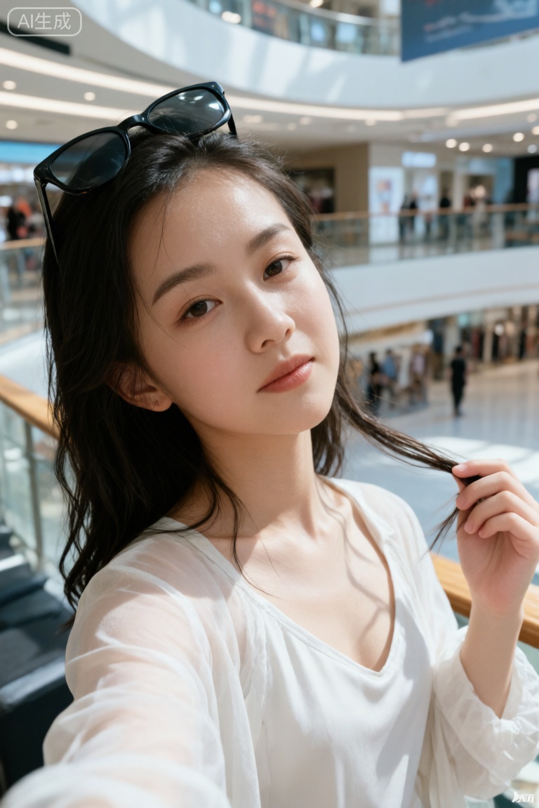 一张极其平凡无奇的iphone自拍照,没有明确的主体或构图感,大型商场的休息区,就是随手一拍的快照。照片略带运动模糊,阳光或室内打光不均匀导致的轻微曝光过度,xhs美女,瓜子脸,尖下巴,空灵感,自然感,白月光感,潮湿,,疲惫回头撩发,冷白皮,

