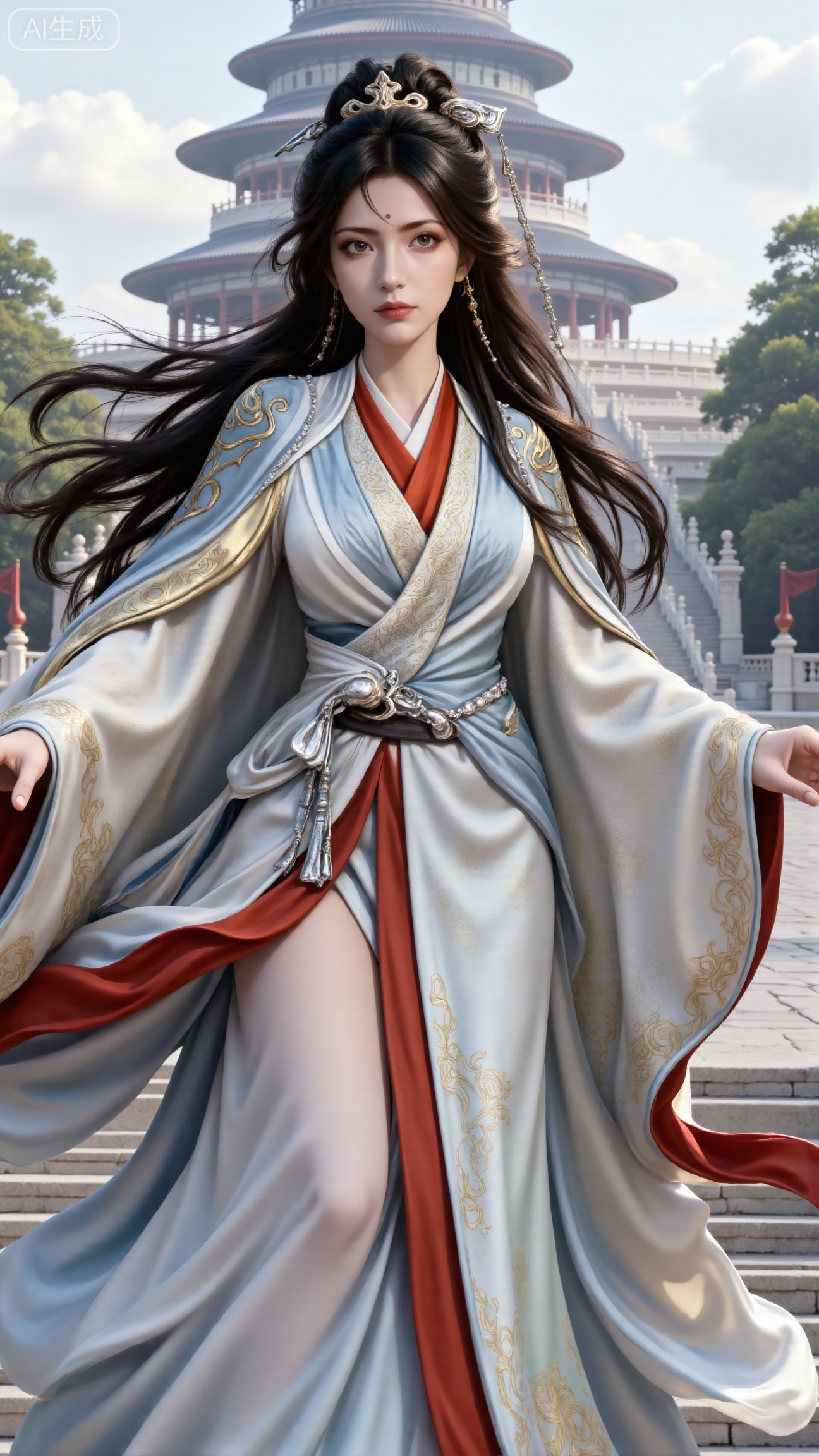 (masterpiece, best quality:1.2),1 girl, solo, long hair, black hair, hair accessories, clothing, cleavage cuts, long dress, jewelry, upper body, earrings. Background is outdoor, sky, clouds, water, trees, architecture, landscape, lantern, mountain, dragon, architecture, bridge, east Asian architecture, fog, pagoda,,(huge breasts:2.99),(full breasts:2.99),,, 
,Xbigbreasts,XmupeilingXYH2,XmuplXYH,XmupeilingXYH,XmuplXYH,Xchangtui,Xxiao2chu,Xhuoyuner2,Xyaoxx,XnangwXM,XyueshangshiGNB,Xxiwangmu