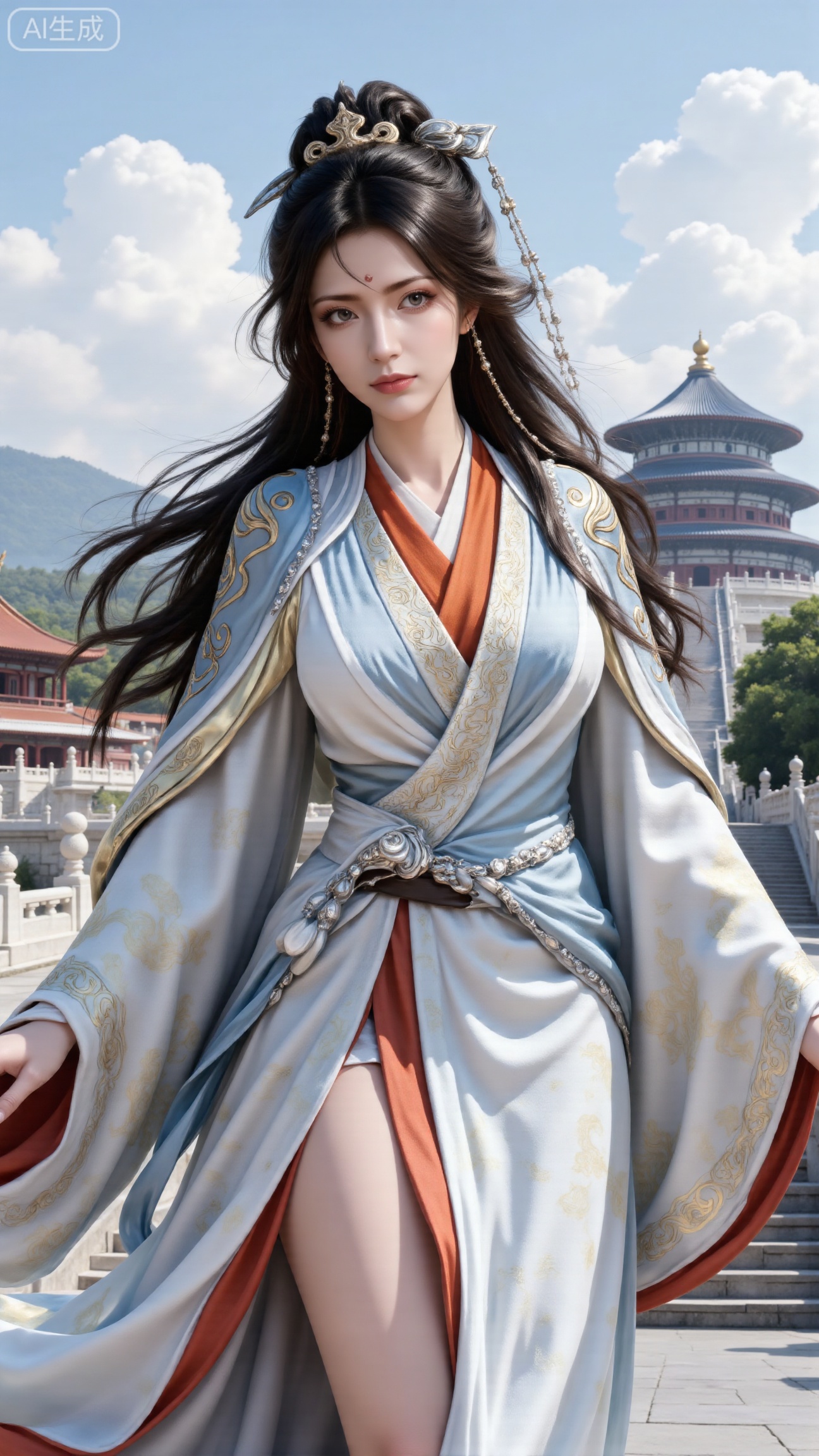 (masterpiece, best quality:1.2),1 girl, solo, long hair, black hair, hair accessories, clothing, cleavage cuts, long dress, jewelry, upper body, earrings. Background is outdoor, sky, clouds, water, trees, architecture, landscape, lantern, mountain, dragon, architecture, bridge, east Asian architecture, fog, pagoda,,(huge breasts:2.99),(full breasts:2.99),,, 
,Xbigbreasts,XmupeilingXYH2,XmuplXYH,XmupeilingXYH,XmuplXYH,Xchangtui,Xxiao2chu,Xhuoyuner2,Xyaoxx,XnangwXM,XyueshangshiGNB,Xxiwangmu