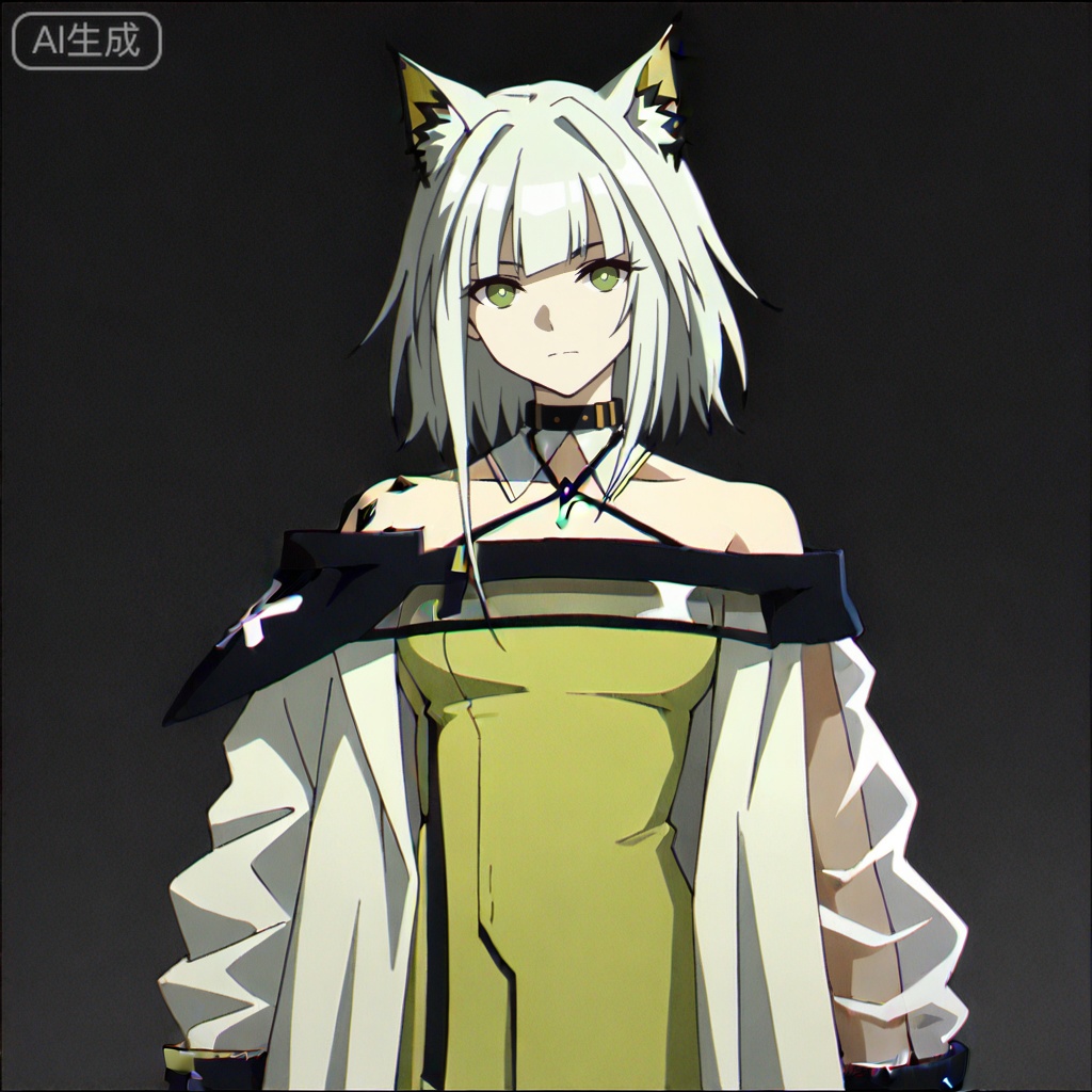 masterpiece, best quality,solo,white background,simple_background,kal'tsit (arknights),ANIME_STYLE,animal ear fluff,Animal ears,short hair,blunt bangs,sidelocks,bangs,green eyes,green hair,cat ears,oripathy lesion \(arknights\),boots,long sleeves,jewelry,off shoulder,bare shoulders,coat,see-through,halterneck,brown footwear,green dress,watch,off-shoulder dress,wristwatch