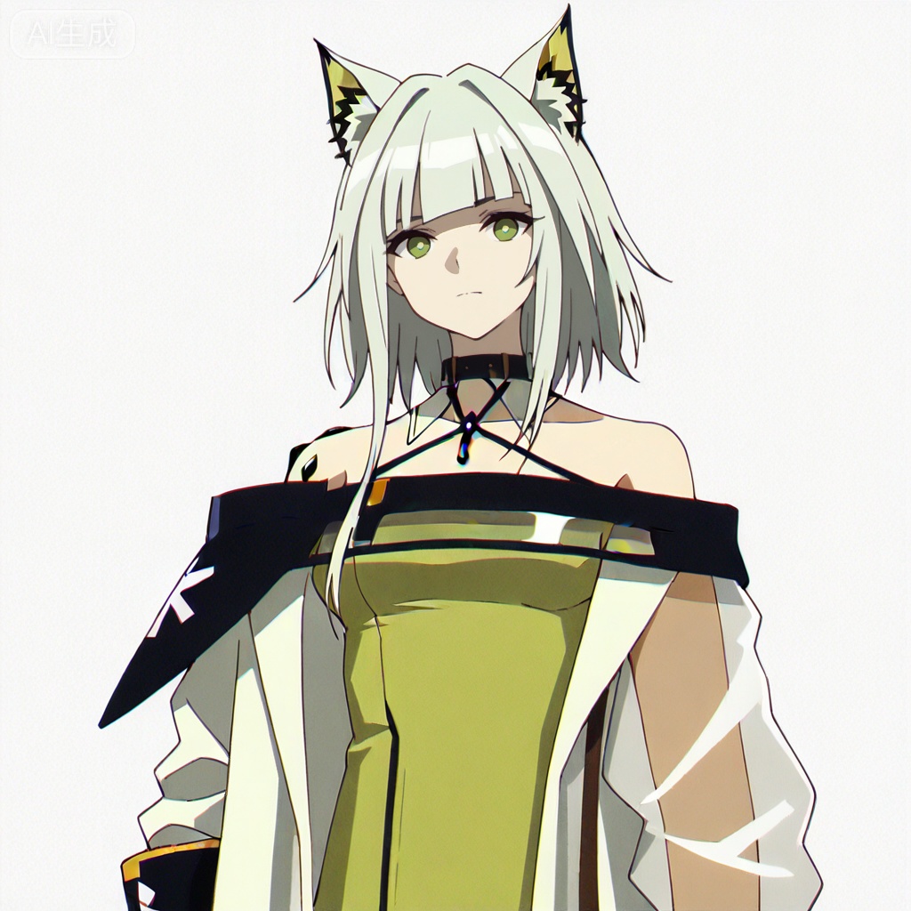 masterpiece, best quality,solo,white background,simple_background,kal'tsit (arknights),ANIME_STYLE,animal ear fluff,Animal ears,short hair,blunt bangs,sidelocks,bangs,green eyes,green hair,cat ears,oripathy lesion \(arknights\),boots,long sleeves,jewelry,off shoulder,bare shoulders,coat,see-through,halterneck,brown footwear,green dress,watch,off-shoulder dress,wristwatch