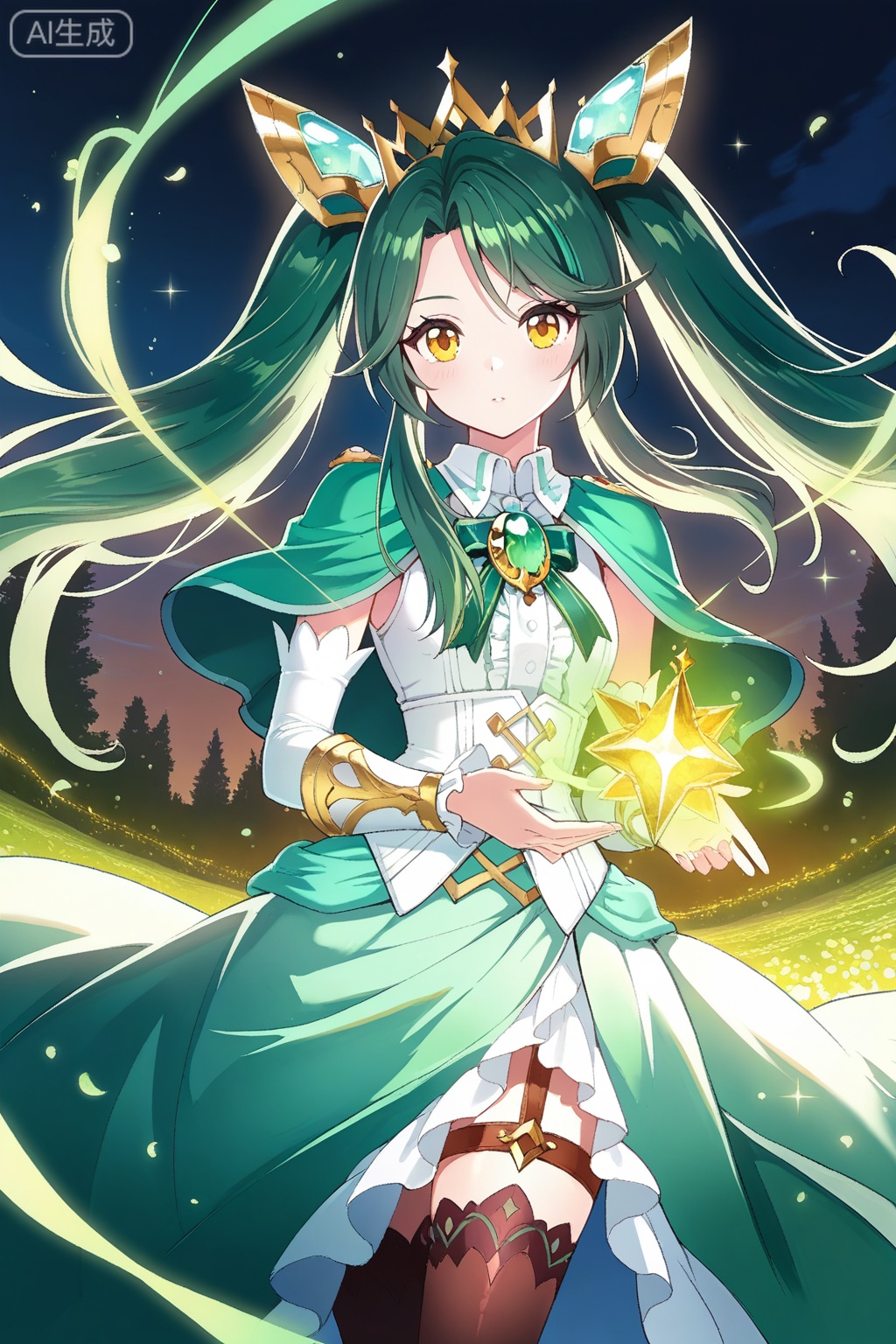 
Random scene,Random scene,

dreamy atmosphere, soft illumination, ethereal glow, sparkling lights, pastel gradients, fantasy lighting
upper body,looking at viewer,
冰帝,masterpiece,best quality,official art,extremely detailed CG unity 8k wallpaper,1girl, solo, yellow eyes, long hair, green hair, parted bangs, side bangs, layered hair, twin tails, hair ornament, crown, golden crown,white corset top, frilled front, green skirt overlay, long skirt, detached green back drape, mini shoulder cape, green shoulder cape, green chest ribbon, 
decorative gem brooch,black thigh-highs, patterned thigh-highs, thigh straps, ornamental bracers, segmented white cuffs, elbow-length decorative armguards, 