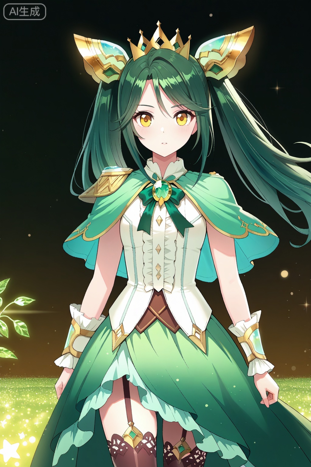 
Random scene,Random scene,

dreamy atmosphere, soft illumination, ethereal glow, sparkling lights, pastel gradients, fantasy lighting
upper body,looking at viewer,
冰帝,masterpiece,best quality,official art,extremely detailed CG unity 8k wallpaper,1girl, solo, yellow eyes, long hair, green hair, parted bangs, side bangs, layered hair, twin tails, hair ornament, crown, golden crown,white corset top, frilled front, green skirt overlay, long skirt, detached green back drape, mini shoulder cape, green shoulder cape, green chest ribbon, 
decorative gem brooch,black thigh-highs, patterned thigh-highs, thigh straps, ornamental bracers, segmented white cuffs, elbow-length decorative armguards, 