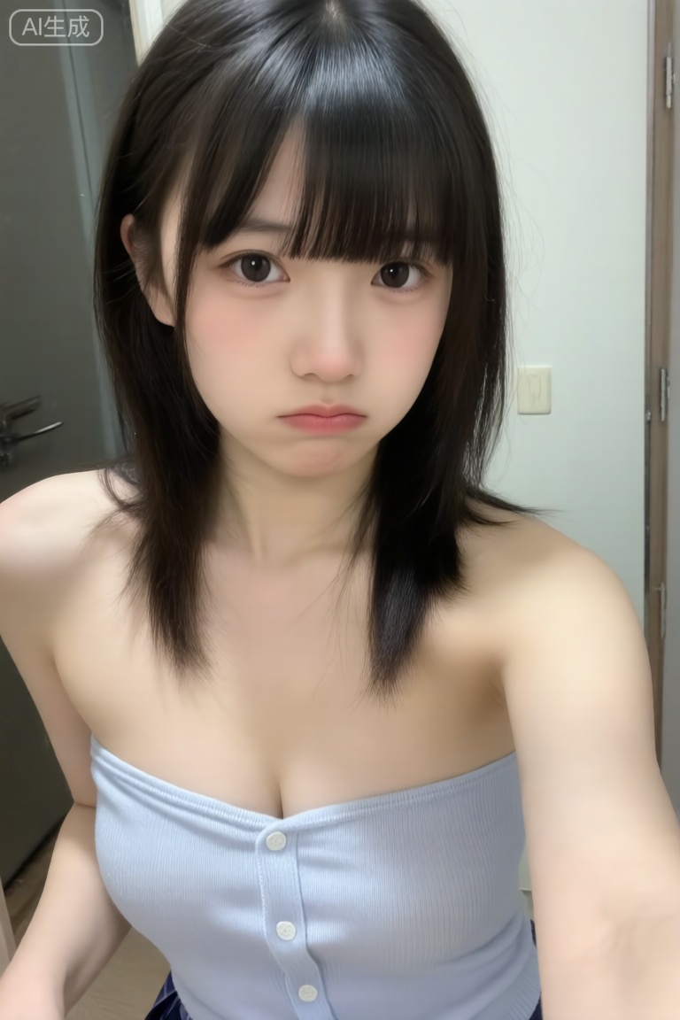 18岁女高中生,  对镜自拍第一人称前置自拍视角一张极普通的iphone自拍照,  主角是室内穿着赤膊家居低领开衫一字肩的中国少女 on Tensor.Art