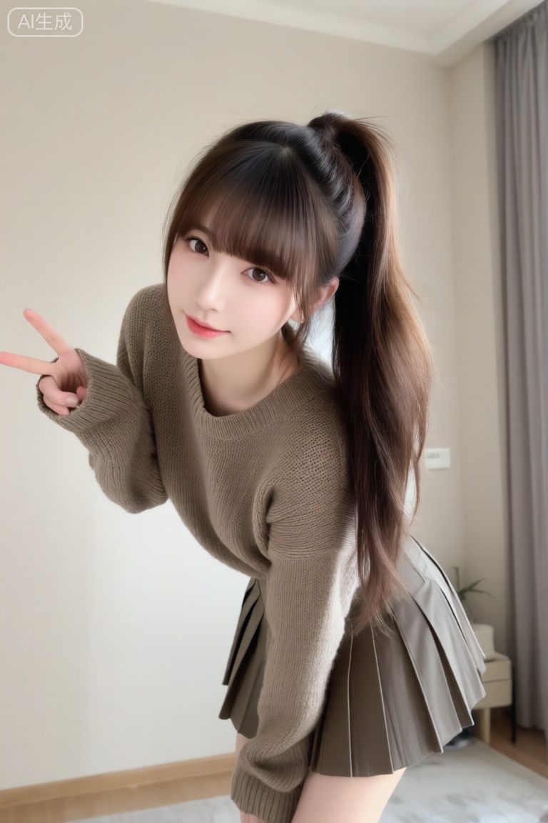 普通房间,背景清晰,清透精致棕色长发,半扎高马尾,其余散发自然垂下,纯欲风,精致发型,空气刘海,美女,时尚前卫,毛衣,百褶裙,看着镜头,身体前倾,一只手比耶,动作表情可爱,摆着pose