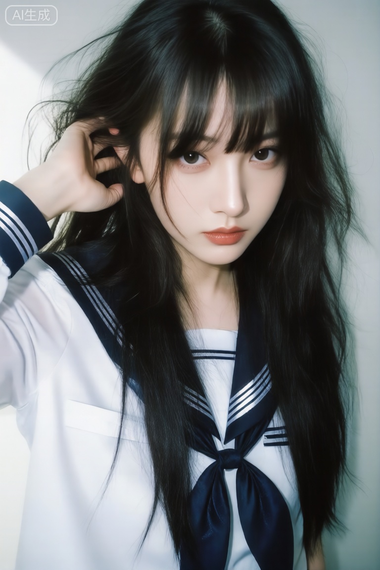 平拍视角,清透,一个jk制服御姐,超长发,发丝凌乱,一只手把头发拨到耳朵后面,眼睛紧紧看着镜头,胶片质感,过度曝光,冷调。