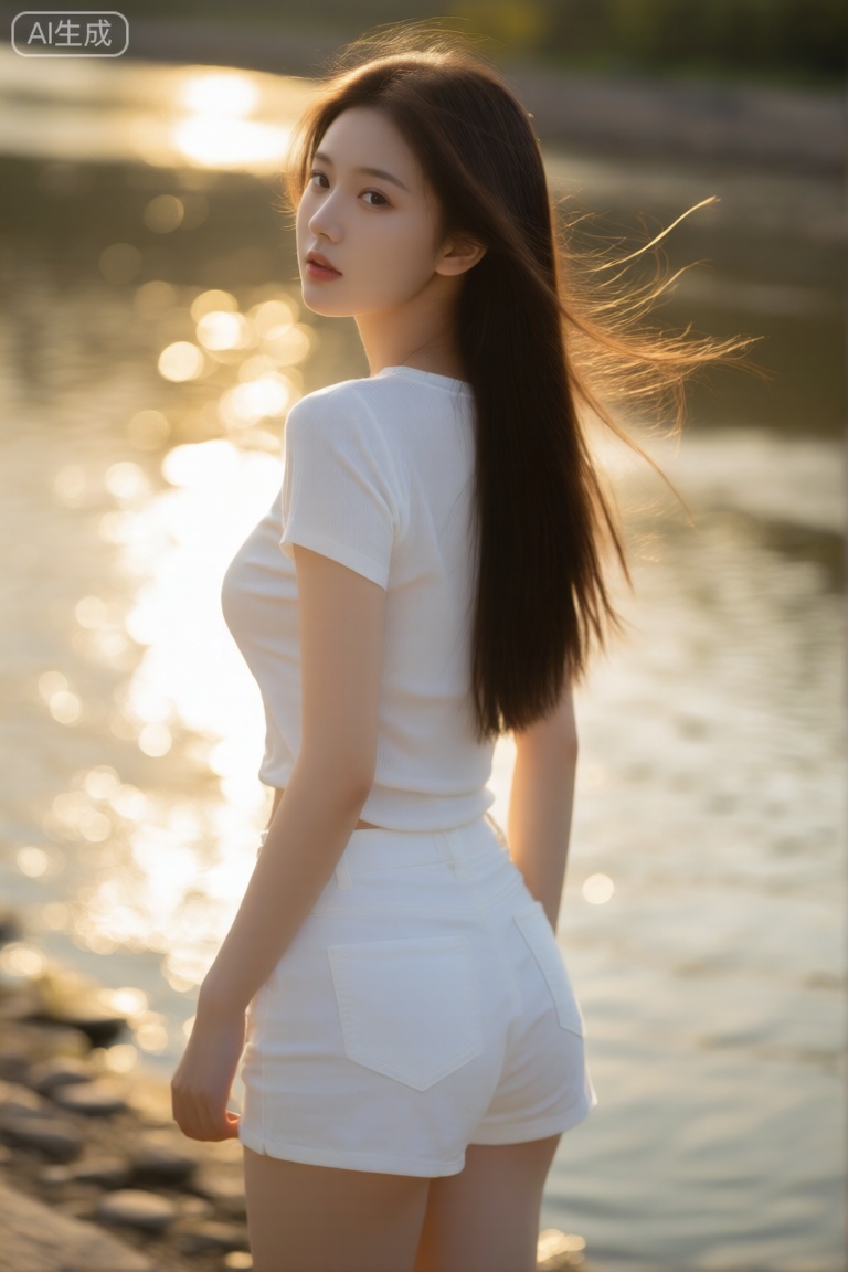 高清人像摄影,长焦镜头抓拍,清透,年轻气质美女,纯欲风,皮肤白皙,偶像气质,长直发,白色上衣,白色短裤,下午四点的河边,阳光斜射,水面泛起金色波光,自然地回头,模特回头、发丝被微风拂动的瞬间,长焦大光圈将背景的金色波光完全虚化光斑。