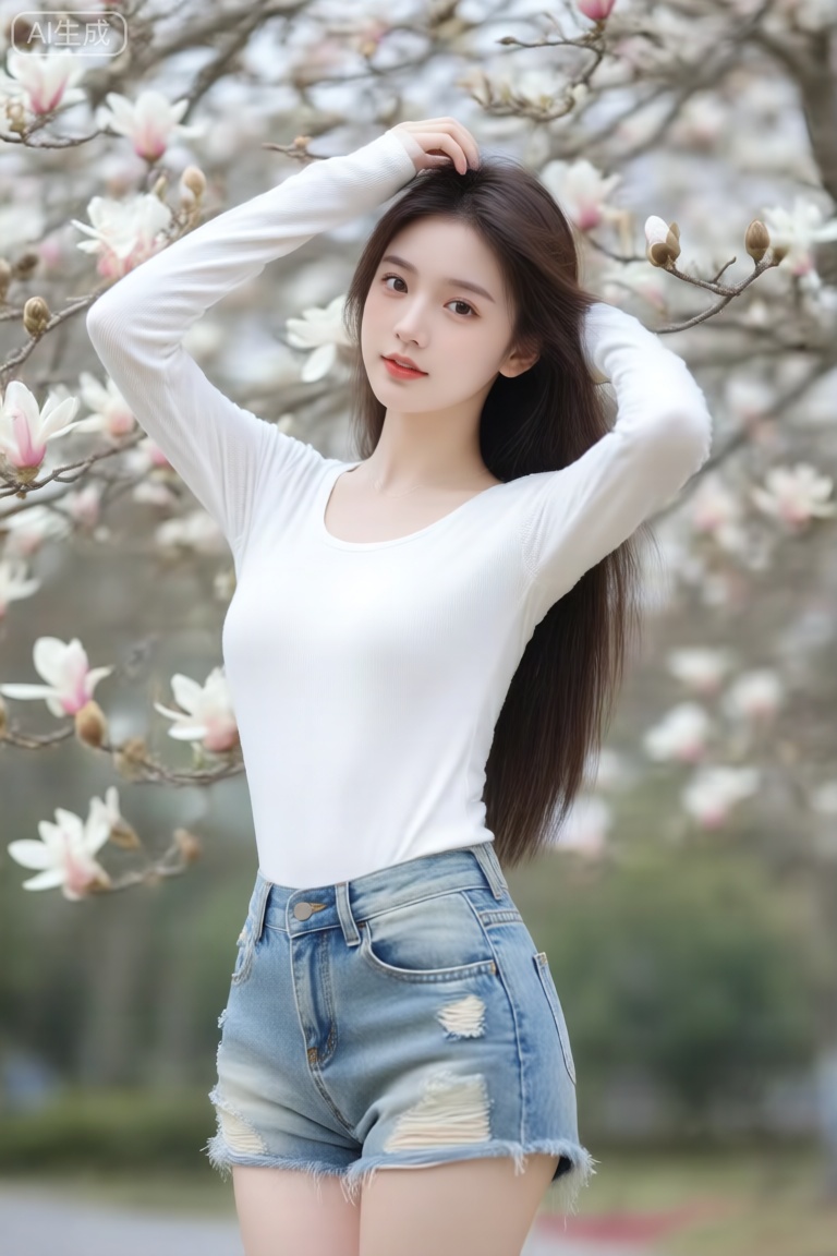 高清人像摄影,长焦镜头抓拍,清透,年轻气质美女,纯欲风,皮肤白皙,偶像气质,长直发,白色长袖上衣,褪色牛仔短裤,枝繁叶茂,春天盛开,木棉花,摆着pose,层次感,表情可爱,摸着头发