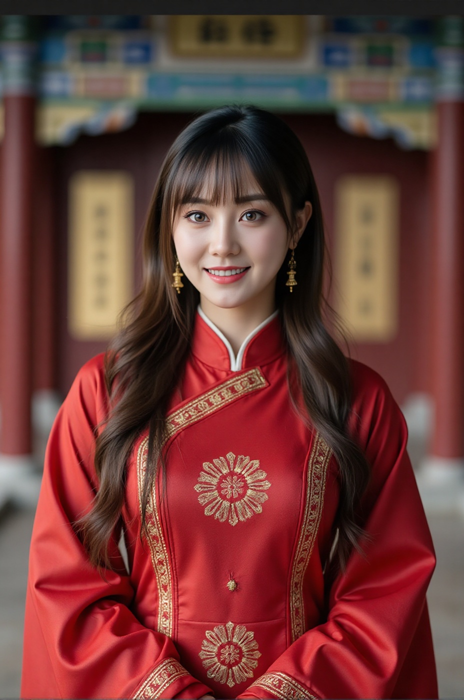 Super detailed,  super realistic,  beautiful Chinese girl with very long hair and bangs. Wearing a body tight red ancient...