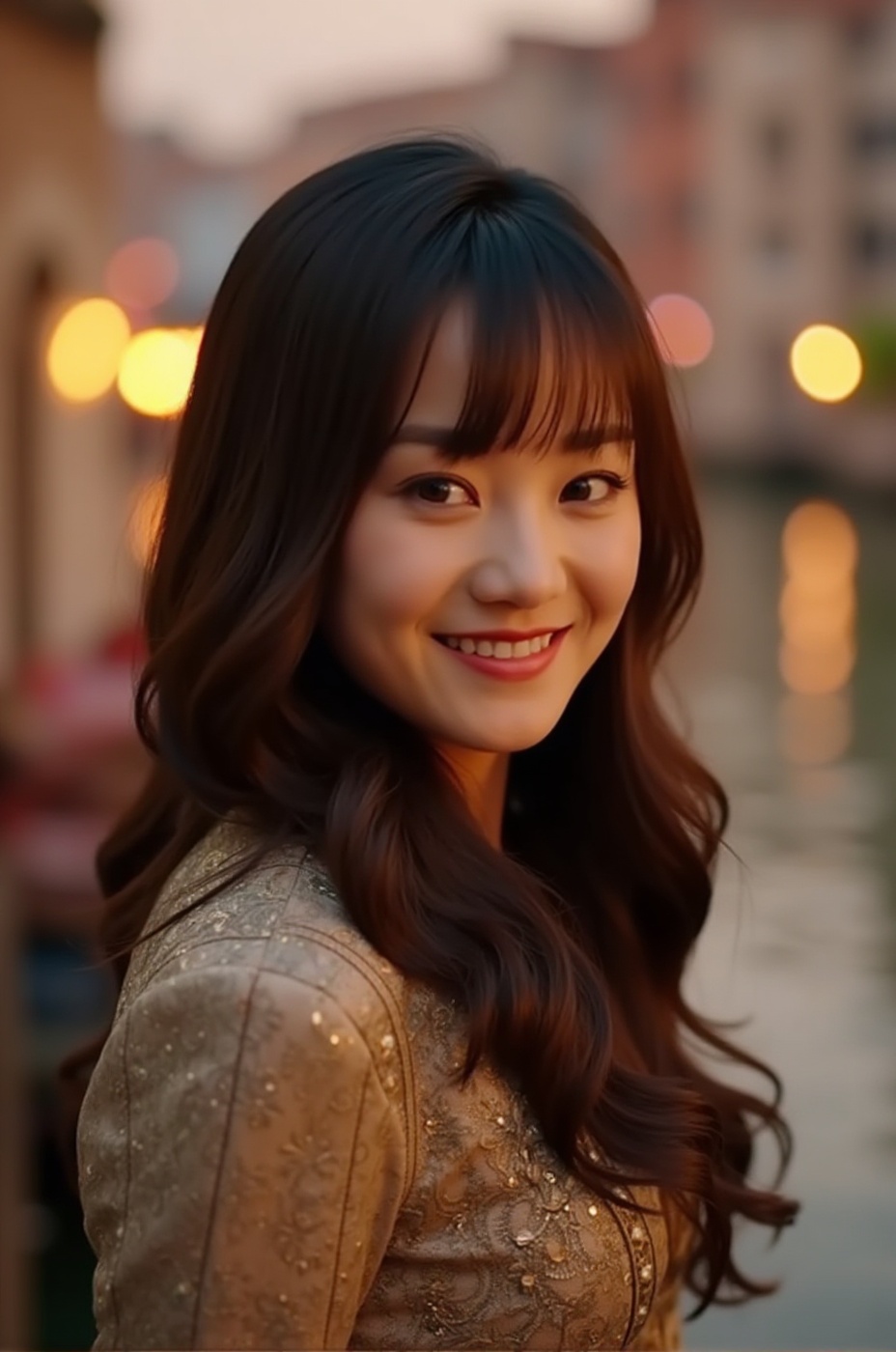This image is a masterpiece,  a radiant young Chinesewoman with captivating hazel eyes and elegantly long dark brown hair...