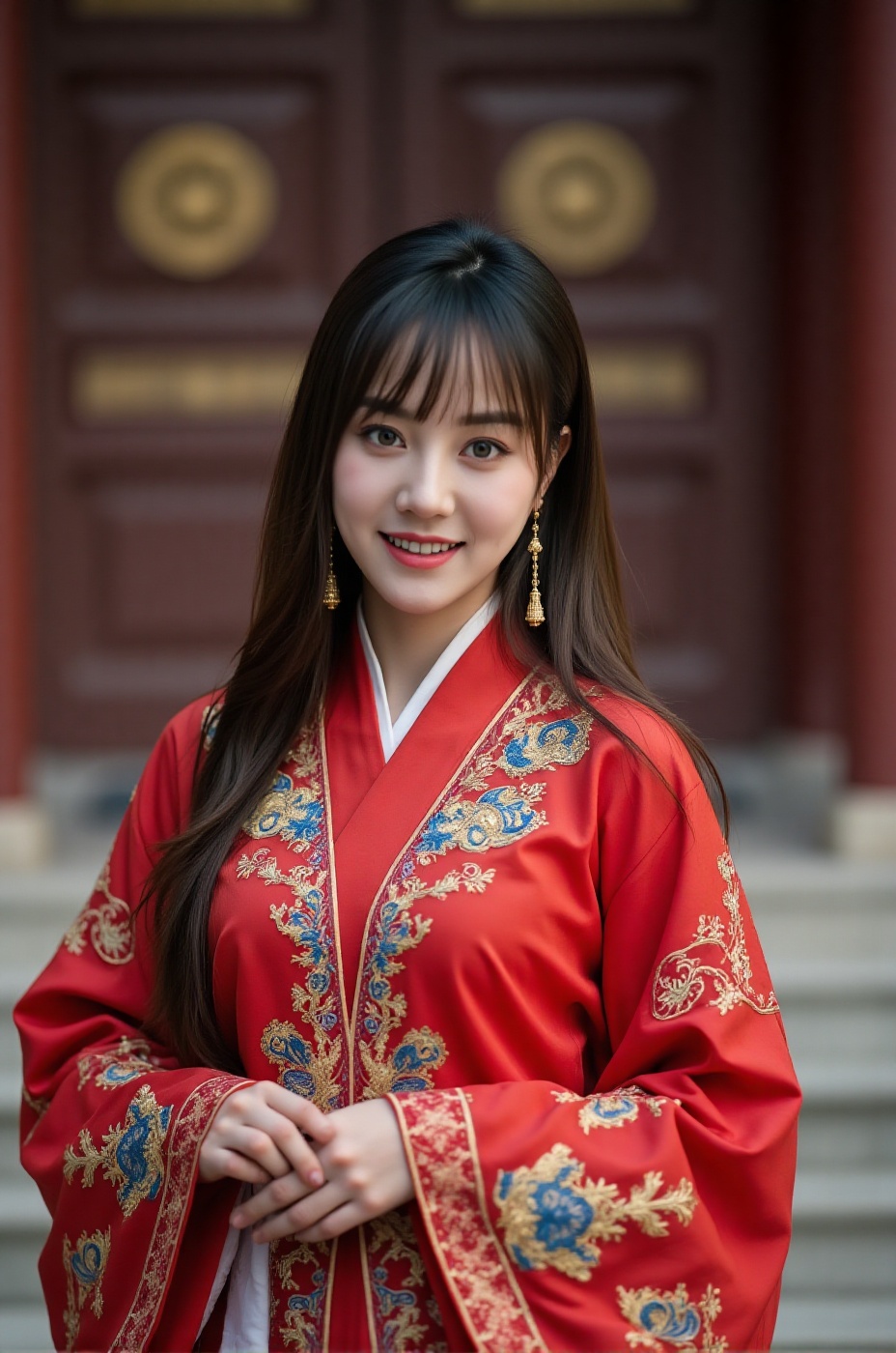 Super detailed,  super realistic,  beautiful Chinese girl with very long hair and bangs. Wearing a body tight red ancient...