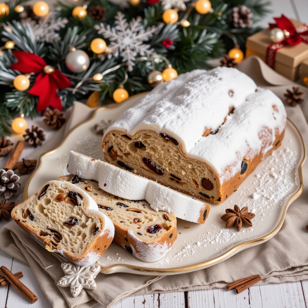 Realistic photo,  cinematic style,  horizontal angle showing a beautifully crafted German Christmas Christstollen. The out...