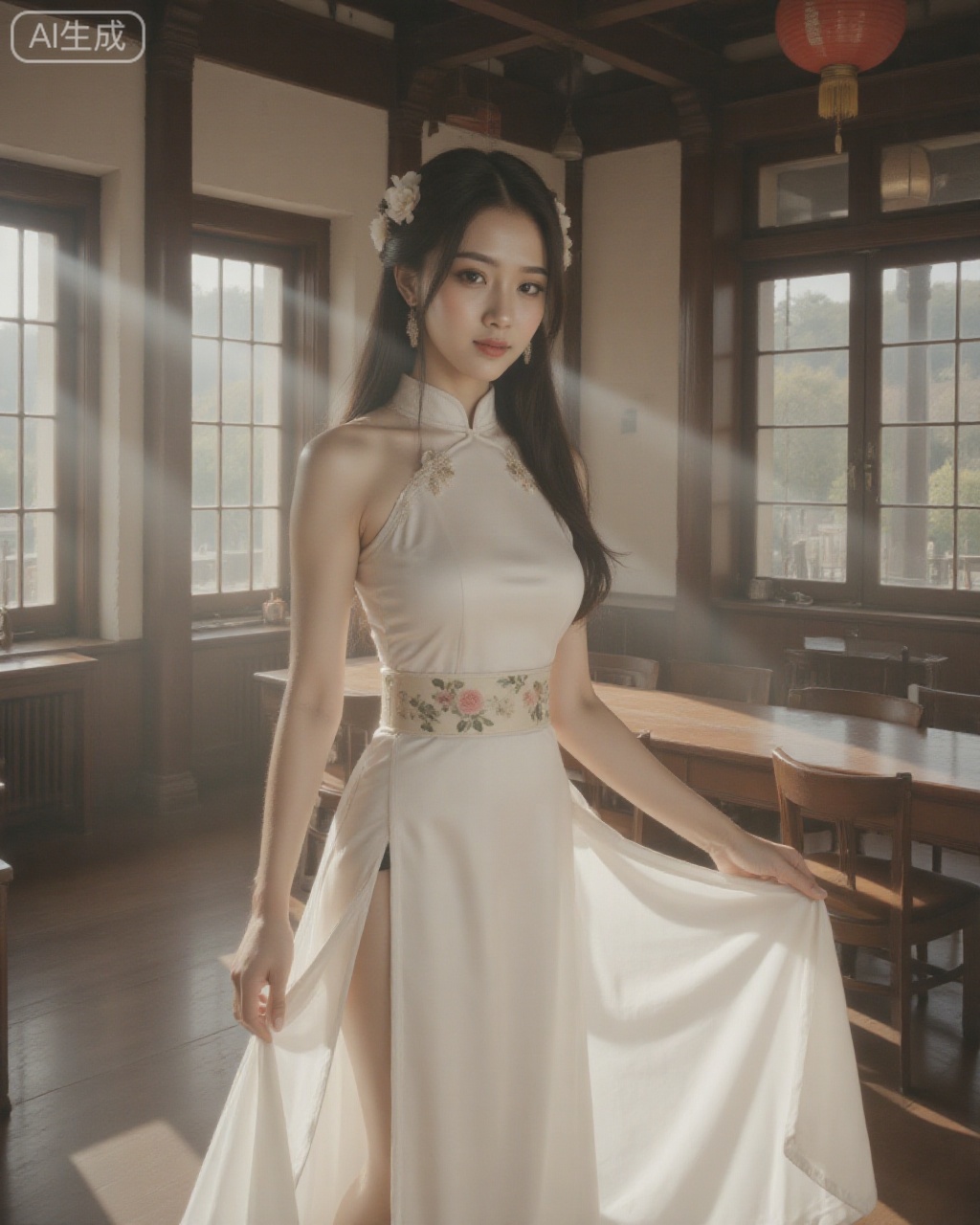 A young woman wears a white cheongsam, its skirt flowing gracefully, tied at the waist with a floral sash. She has fair skin, long black hair adorned with white flowers, and delicate features. The background is an interior of an ancient wooden building, with red lanterns hanging in the air. Sunlight streams in through the windows, illuminating the woman. The overall scene is elegant and traditional.