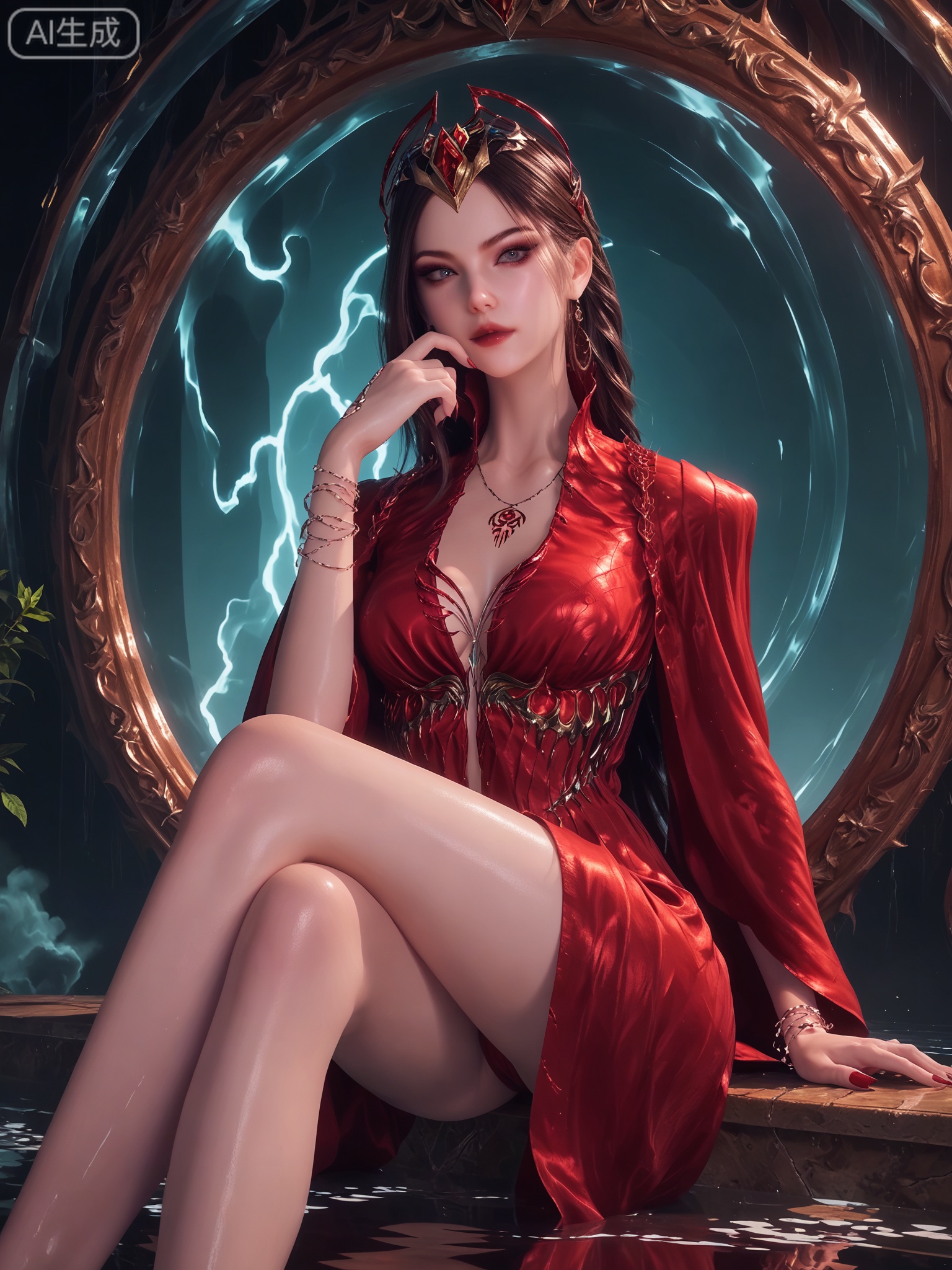 score_9,score_8_up,score_7_up,1girl,solo.looking_at_viewer,realistic,photorealistic,1girl,solo,Vivid Colors,bright environment,shiny skin,shiny hairjewelry,detail eyes,Eyes highlights,extreme detail description,(full body:0.8),light,glowing,sunshine,bright,reflection,bright,sunshine on face,shiny,shinny,petite,thin,leg slimming,lose weight,slim hips,lakeside,delicate water,reflection,sitting_down,eyelashes,red dress,