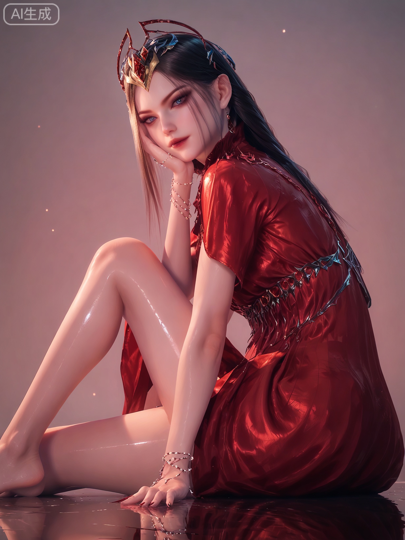 score_9,score_8_up,score_7_up,1girl,solo.looking_at_viewer,realistic,photorealistic,1girl,solo,Vivid Colors,bright environment,shiny skin,shiny hairjewelry,detail eyes,Eyes highlights,extreme detail description,(full body:0.8),light,glowing,sunshine,bright,reflection,bright,sunshine on face,shiny,shinny,petite,thin,leg slimming,lose weight,slim hips,lakeside,delicate water,reflection,sitting_down,eyelashes,red dress,