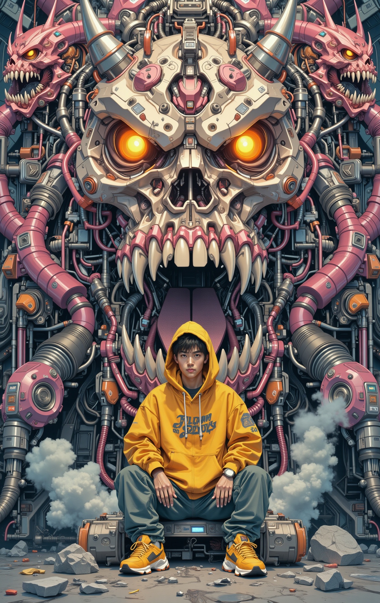 A young asian man sitting calmly in the foreground,  wearing an oversized hoodie with a hood up,  a wide toothy grin on Te...
