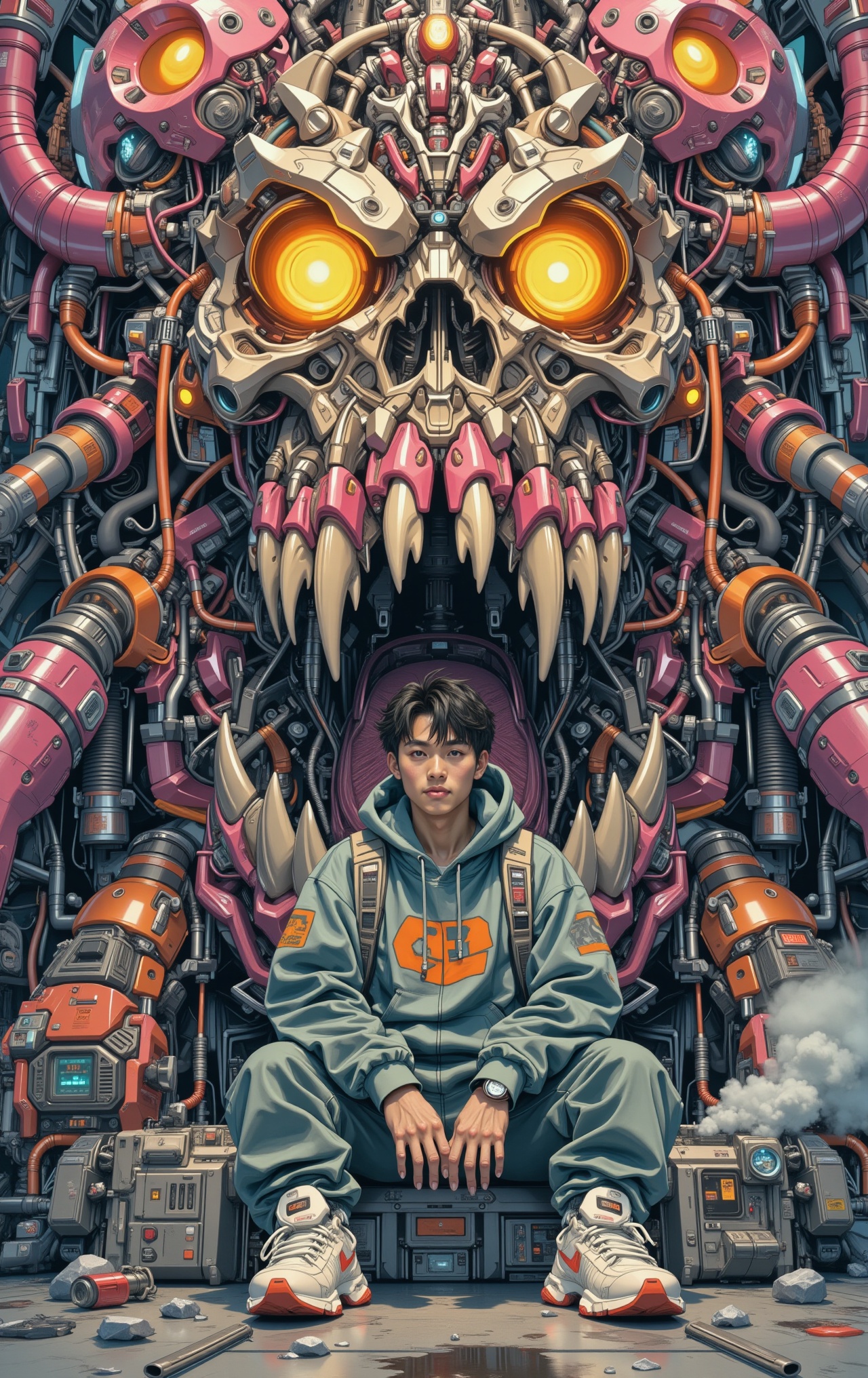 A young asian man sitting calmly in the foreground,  wearing an oversized hoodie with a hood up,  a wide toothy grin on Te...