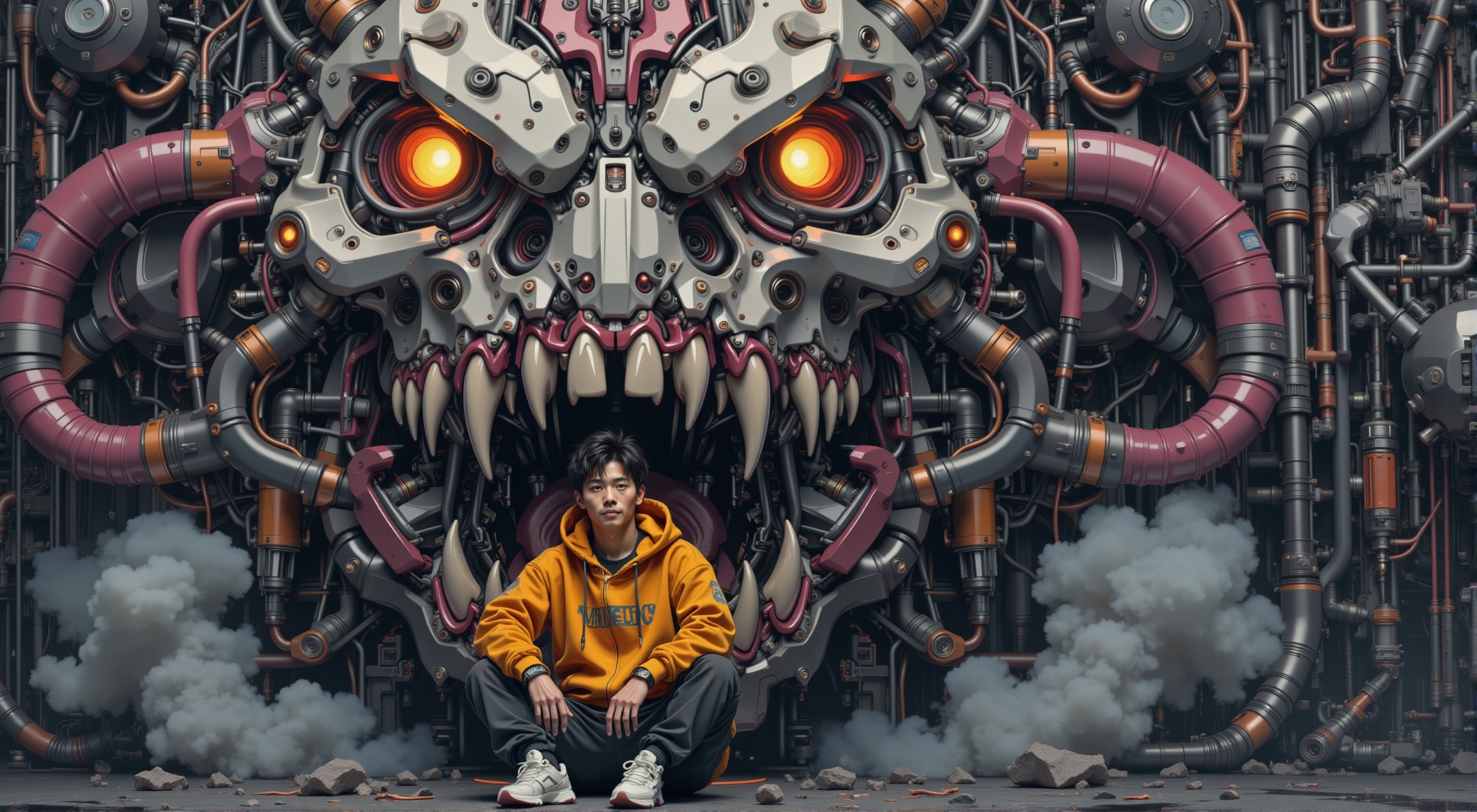 A young asian man sitting calmly in the foreground,  wearing an oversized hoodie with a hood up,  a wide toothy grin on Te...