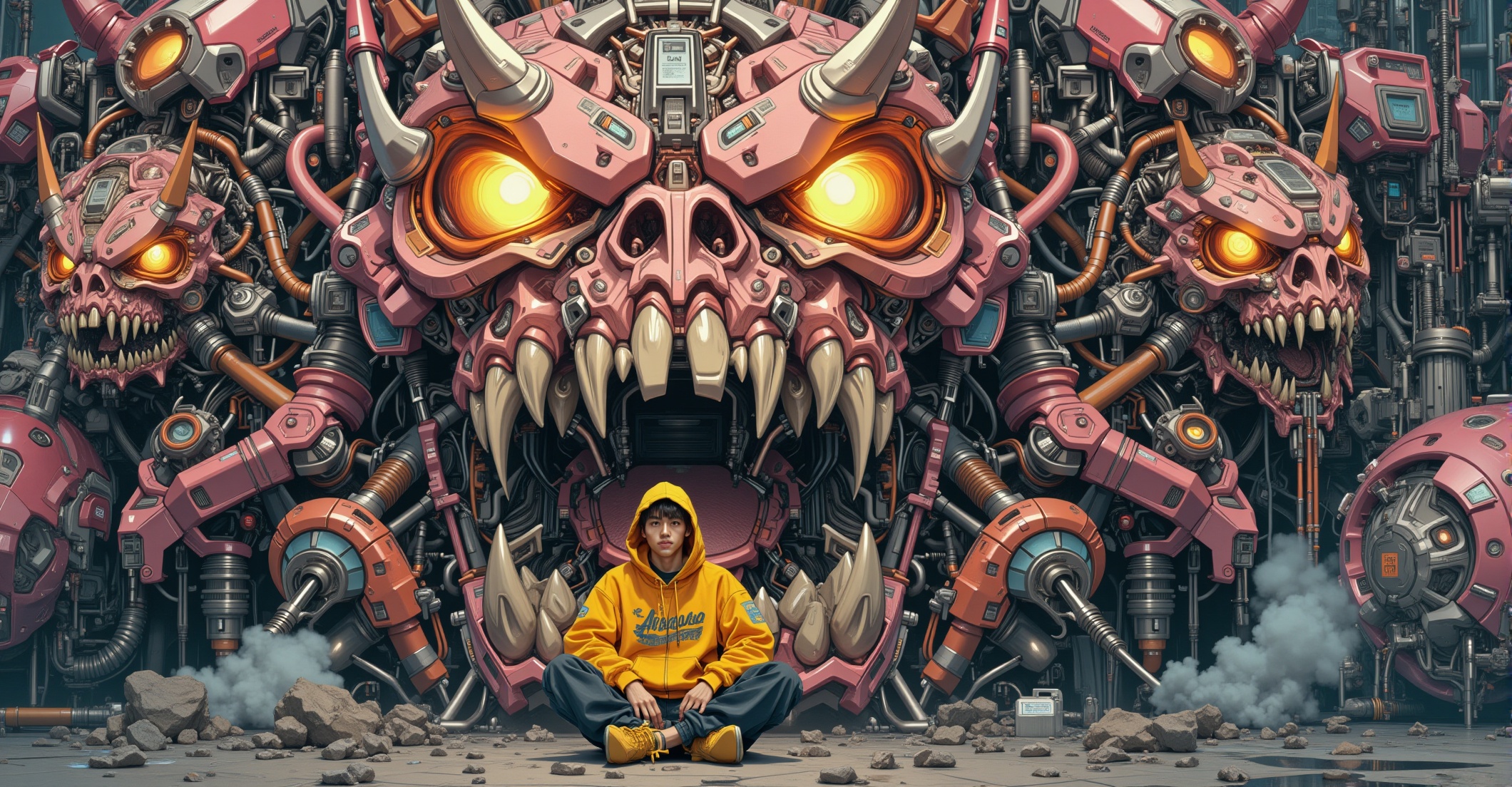 A young asian man sitting calmly in the foreground,  wearing an oversized hoodie with a hood up,  a wide toothy grin on Te...