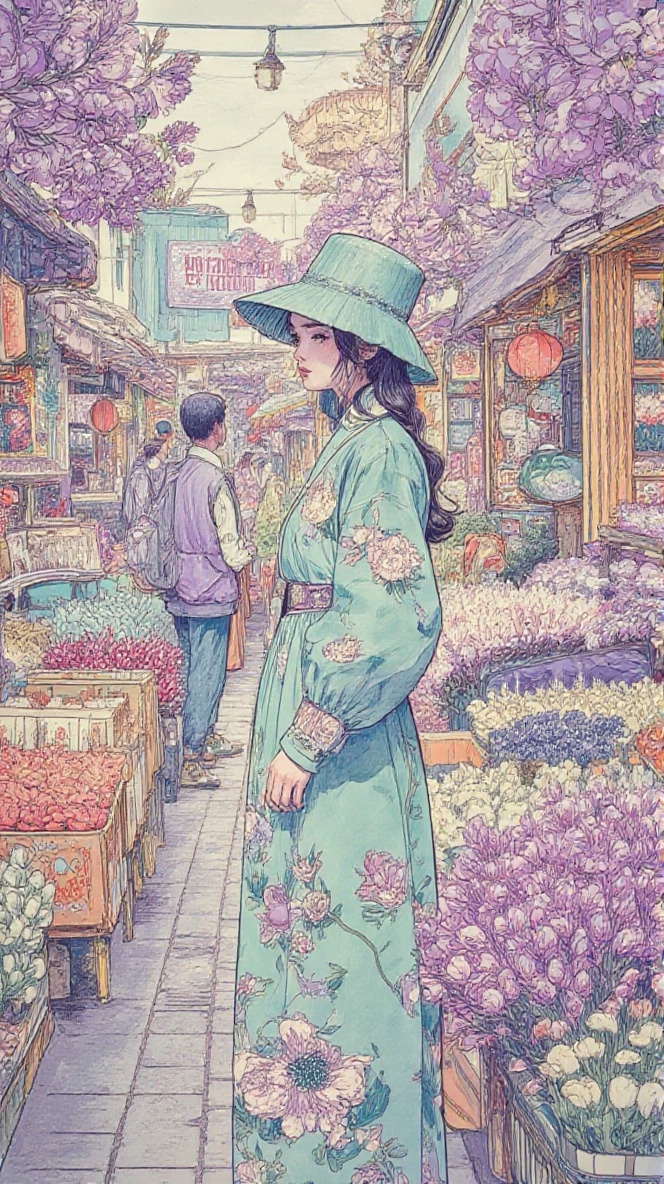 PetalLineAquarelle,  soft pastel watercolor illustration of a young woman standing in a busy floral Korean street market,...