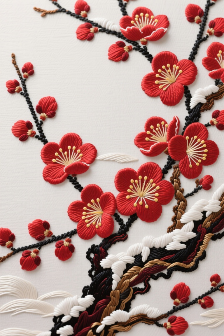 A beautiful embroidery painting is mainly composed of red plum blossoms blooming proudly in the snow. The silk thread deli...