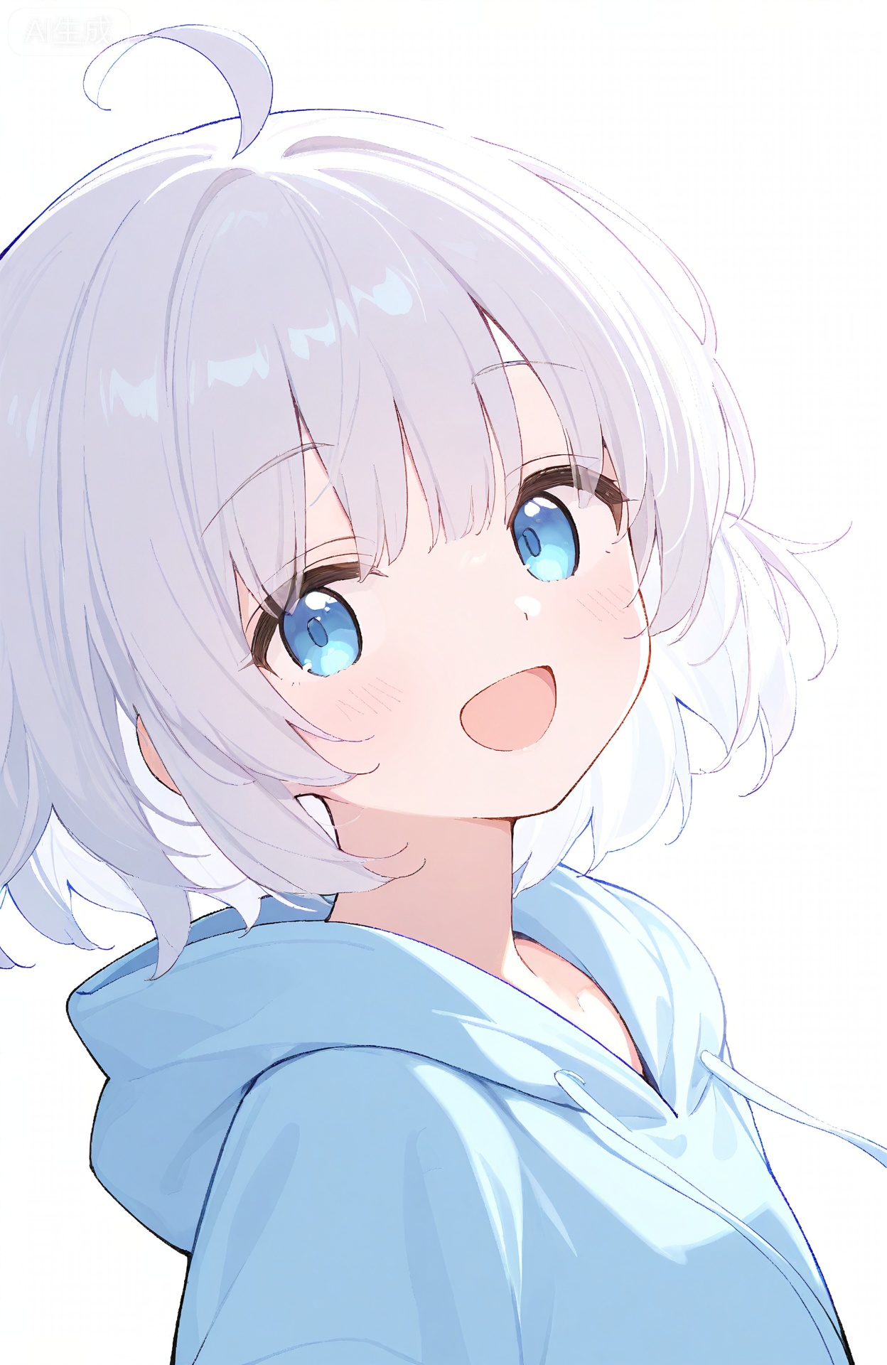 1girl, solo, looking_at_viewer, short hair, white hair, blue eyes, light blue hoodie, simple_background, white background, open mouth, smile, ahoge, upper_body