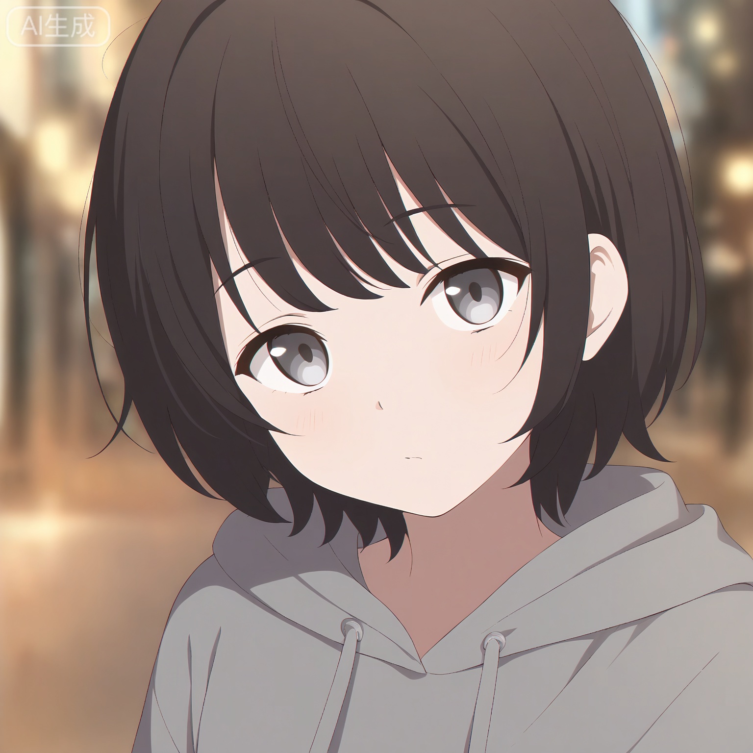 1girl, solo,
young_girl,
short_hair, black_hair, grey_eyes,
upper_body, portrait, head_and_shoulders,
hoodie, casual_style,
looking_at_viewer, relaxed_expression,
city_background, street,
natural_light,
depth_of_field, blurry_background,
anime_style, high_detail, masterpiece