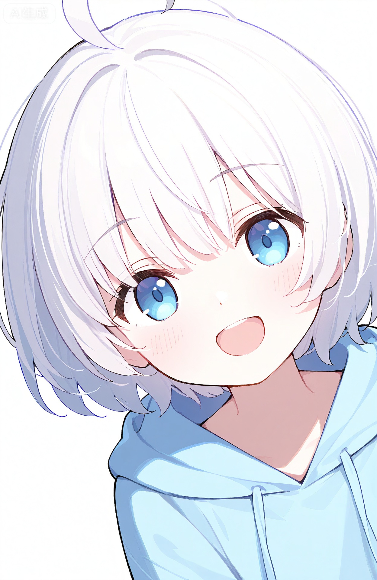 1girl, solo, looking_at_viewer, short hair, white hair, blue eyes, light blue hoodie, simple_background, white background, open mouth, smile, ahoge, upper_body