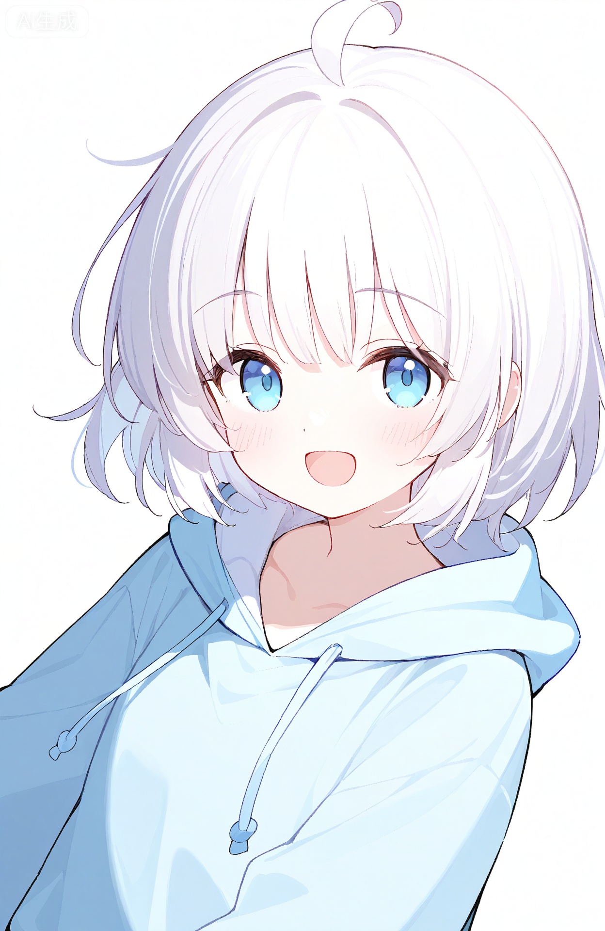 1girl, solo, looking_at_viewer, short hair, white hair, blue eyes, light blue hoodie, simple_background, white background, open mouth, smile, ahoge, upper_body
