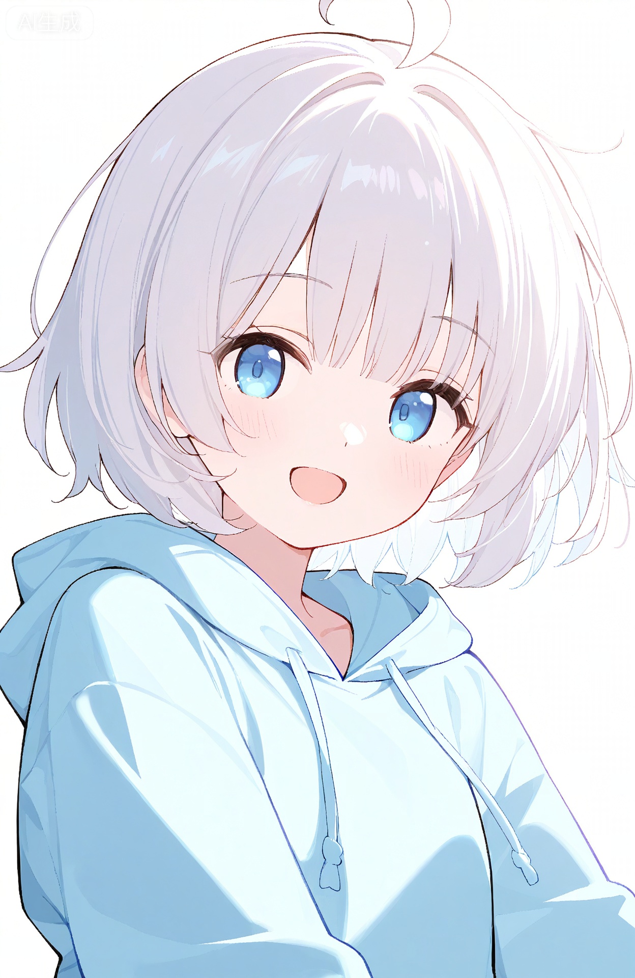 1girl, solo, looking_at_viewer, short hair, white hair, blue eyes, light blue hoodie, simple_background, white background, open mouth, smile, ahoge, upper_body