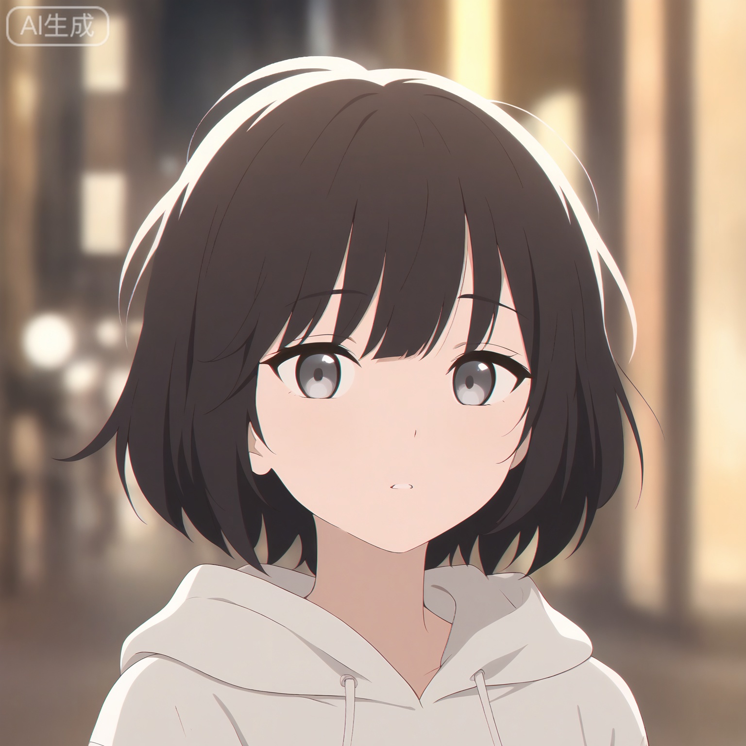1girl, solo,
young_girl,
short_hair, black_hair, grey_eyes,
upper_body, portrait, head_and_shoulders,
hoodie, casual_style,
looking_at_viewer, relaxed_expression,
city_background, street,
natural_light,
depth_of_field, blurry_background,
anime_style, high_detail, masterpiece