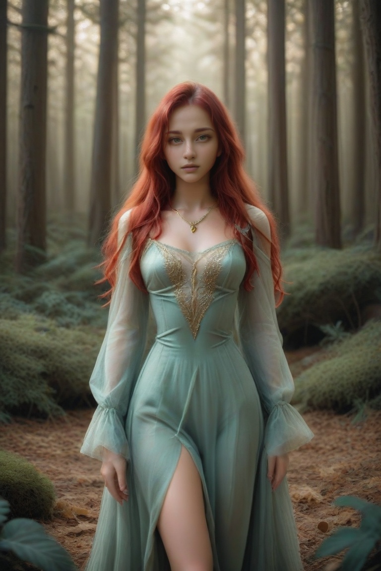 Create an image of a woman standing in a forest,  her long,  wavy red hair cascading around her. She wears a flowing on Te...