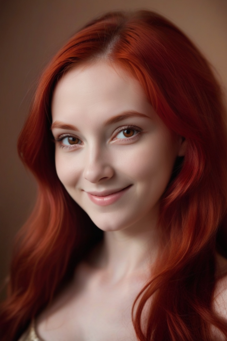Create a headshot of a striking redhead,  capturing her vibrant hair in a natural,  unposed manner. Emphasize the play of...