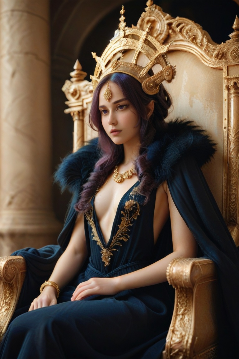 Create an image depicting a woman dressed in elaborate,  historical attire,  seated on a throne-like chair. She is adorned...