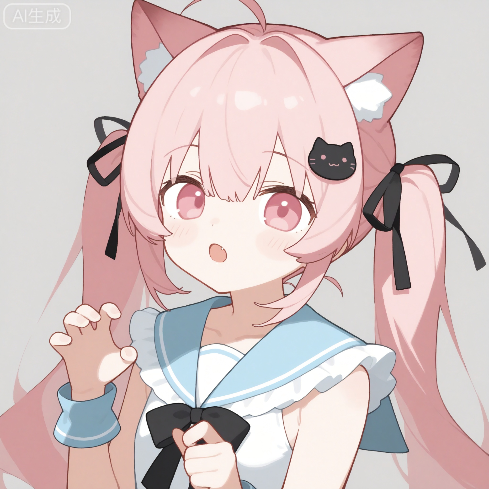 1girl, solo, looking at viewer, blush, open mouth, bangs, shirt, hair ornament, bow, ribbon, animal ears, hair between eyes, twintails, collarbone, hair ribbon, white shirt, upper body, pink hair, frills, sleeveless, fang, virtual youtuber, cat ears, pink eyes, sailor collar, :o, animal ear fluff, wrist cuffs, hands up, black ribbon, black bow, antenna hair, blue sailor collar, cat hair ornament, frilled sailor collar